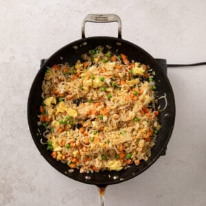 Peas and bean sprouts combined into the fried rice mixture.