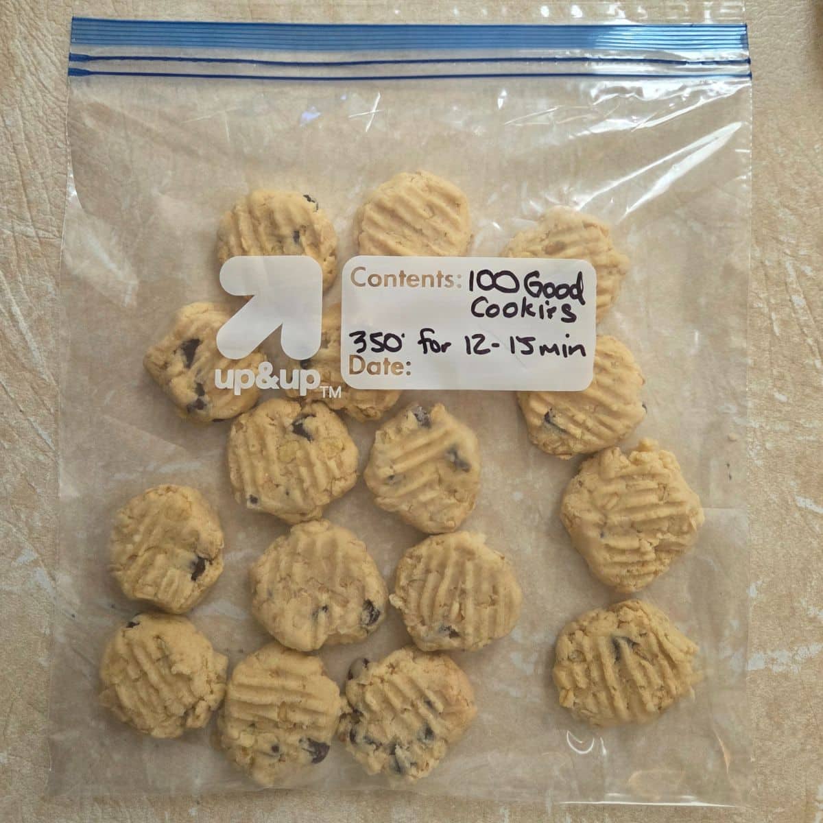 Frozen cookie dough in a zip lock bag