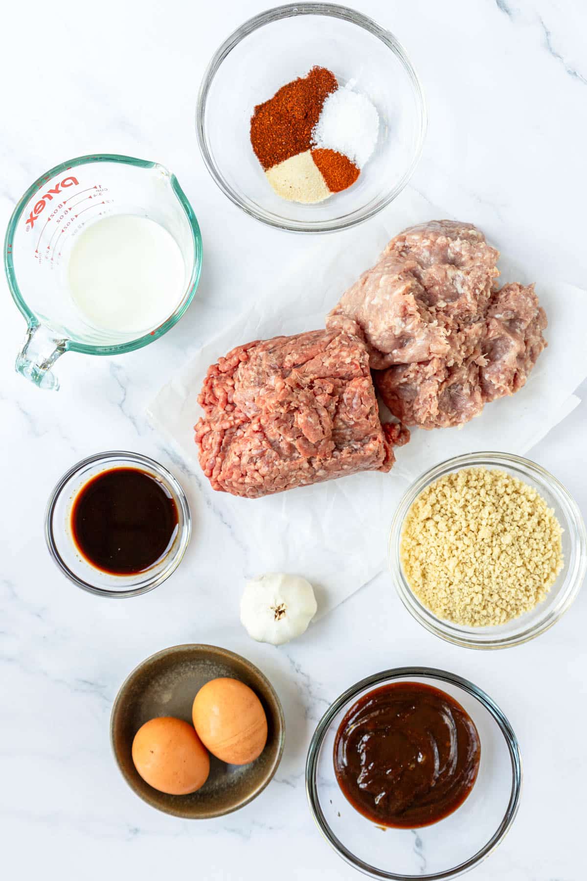 Ingredients shown are used to prepare Barbecue meatloaf.