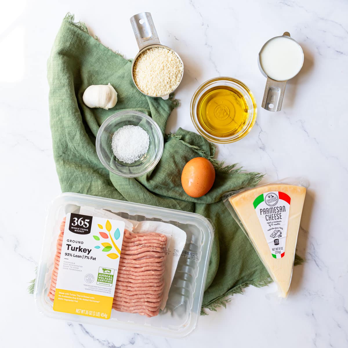 Ingredients shown are used to prepare ground turkey meatballs.