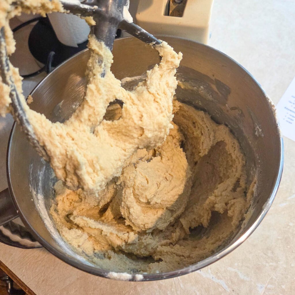 Sugar and butter creamed together in a Kitchenaid mixer.