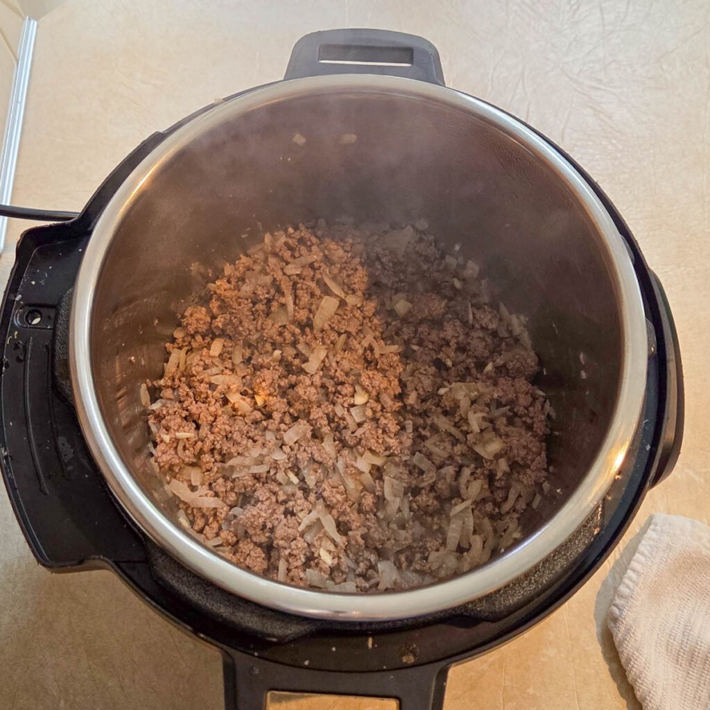 Hamburger and onions sauteed in the instant pot.