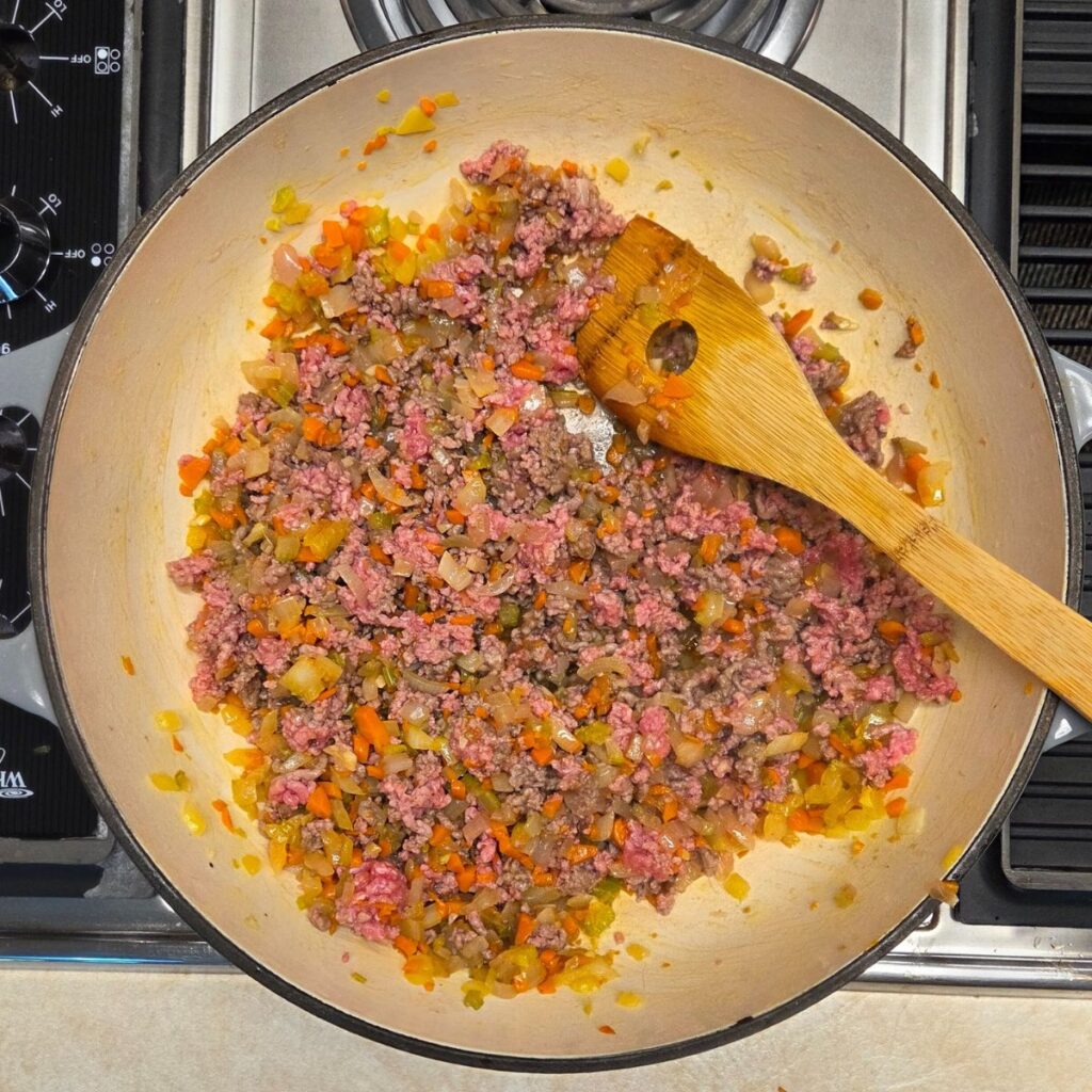 ground beef crumbled and cooked with onions, garlic, carrots and celery