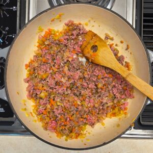 ground beef crumbled and cooked with onions, garlic, carrots and celery