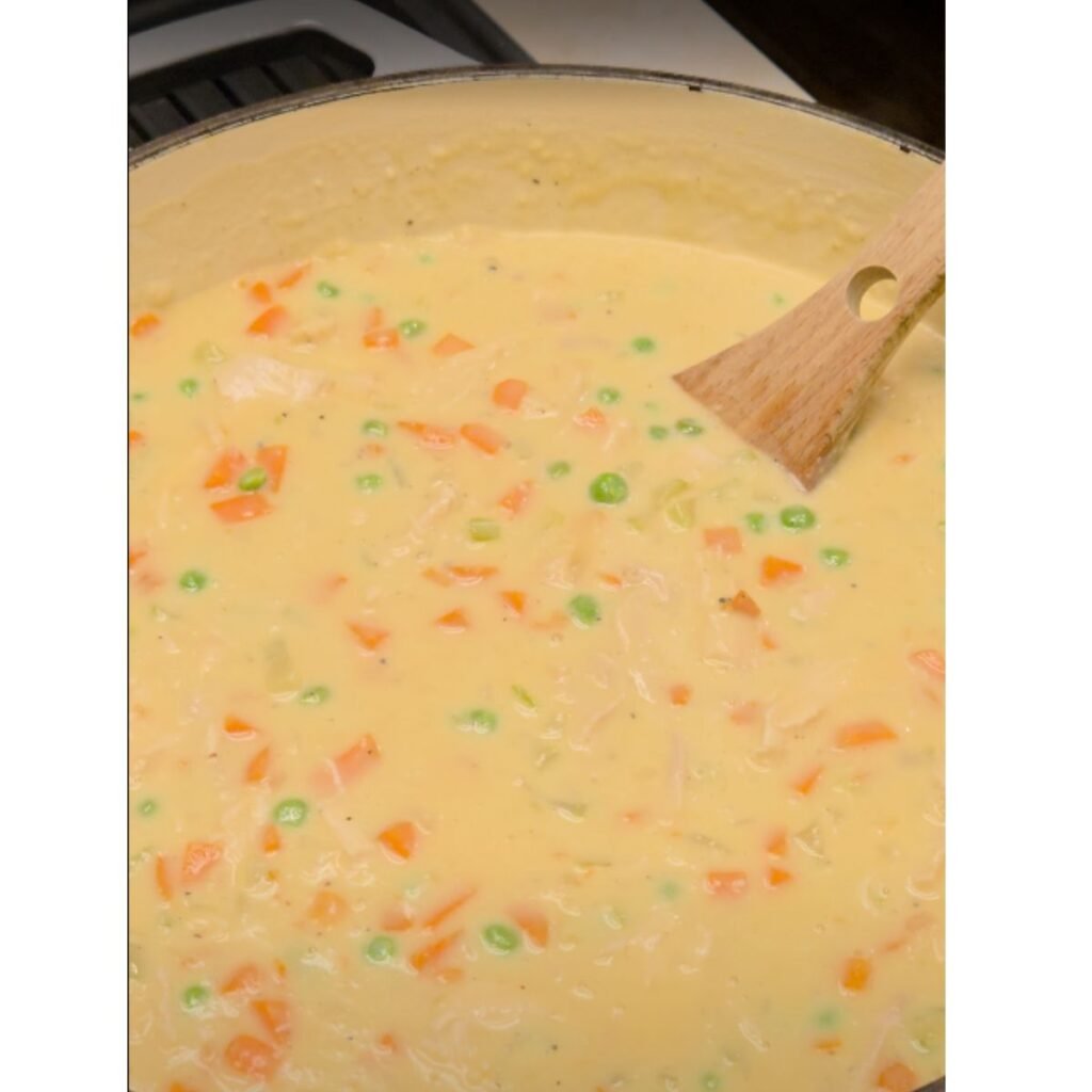 making chicken and biscuit filling on the stove top