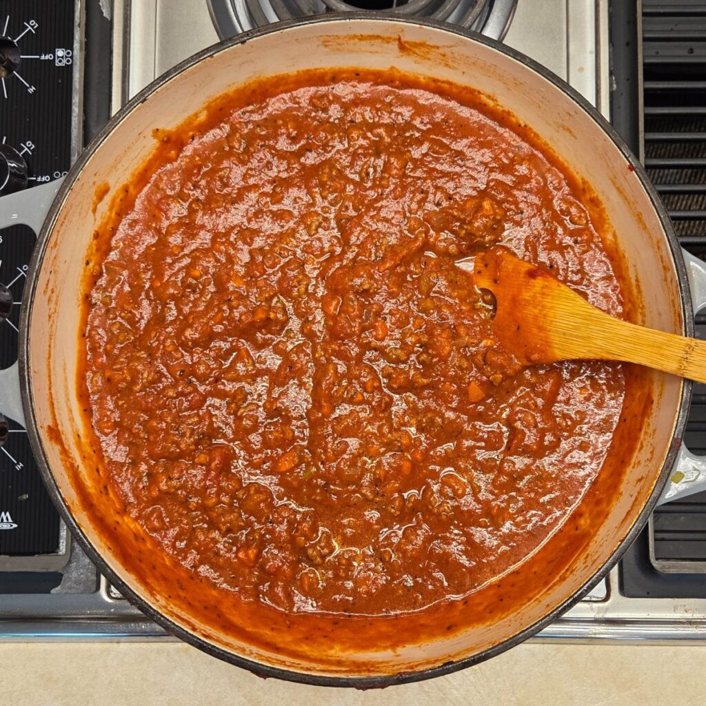 Bolognese Sauce simmering on the stove top