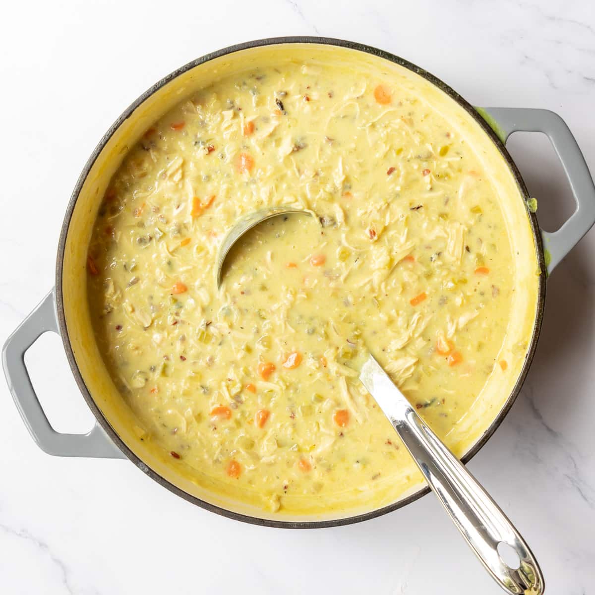 Ladle resting in a large pot of chicken and wild rice soup.