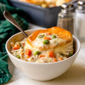 A bowl of chicken and biscuits