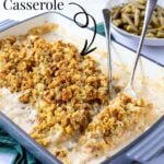 Pinterst image for chicken and stuffing casserole with text overlay