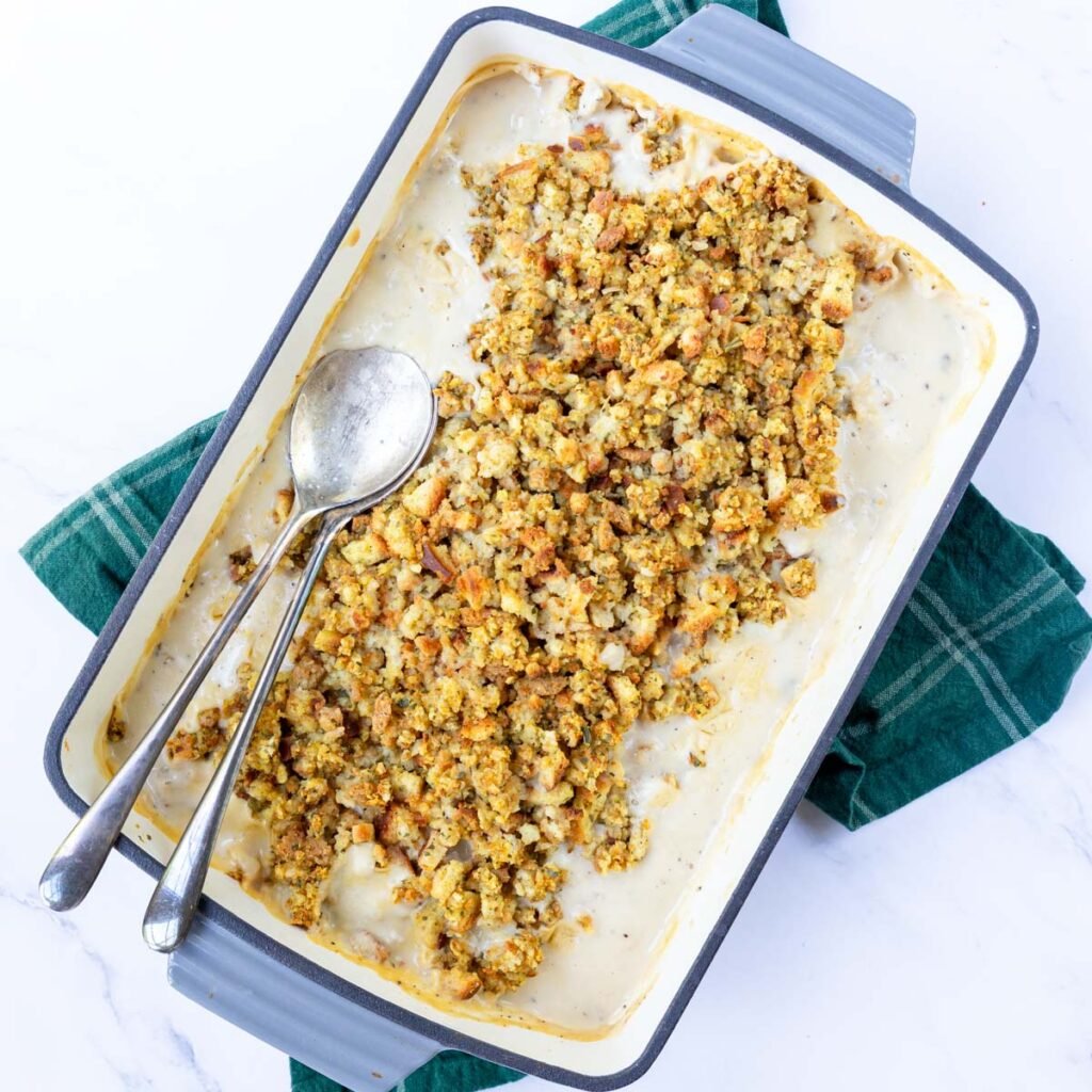 Chicken and stove top stuffing casserole in a baking dish