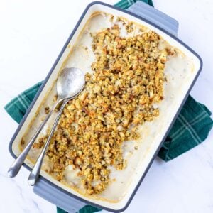 Chicken and stove top stuffing casserole in a baking dish