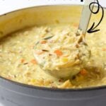 Pinterest image of creamy chicken and wild rice soup.