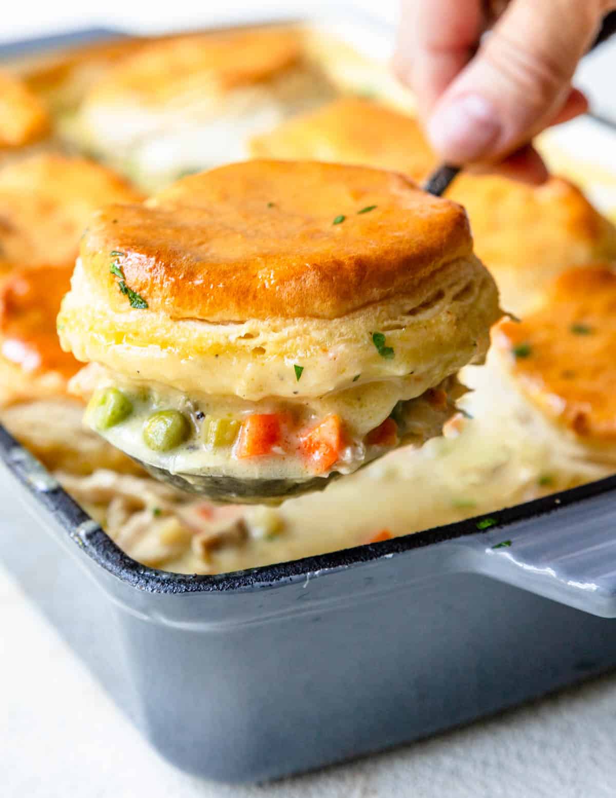 someone serving a portion of chicken n biscuits 