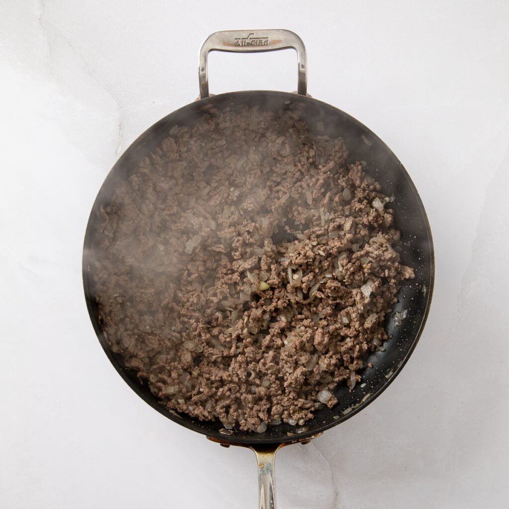Ground beef browned with garlic and onions.