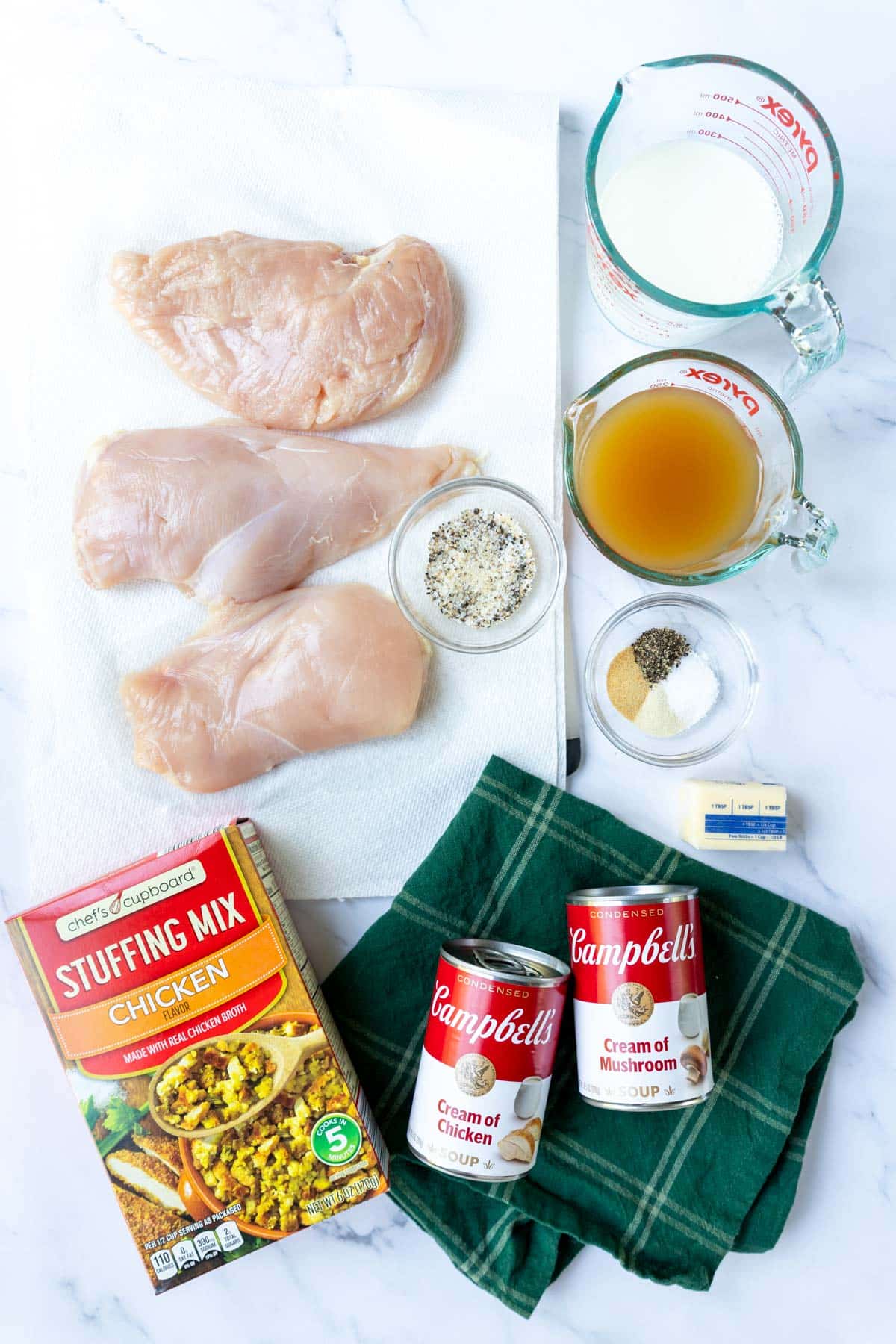 Ingredients on a table for Chicken and Stuffing 