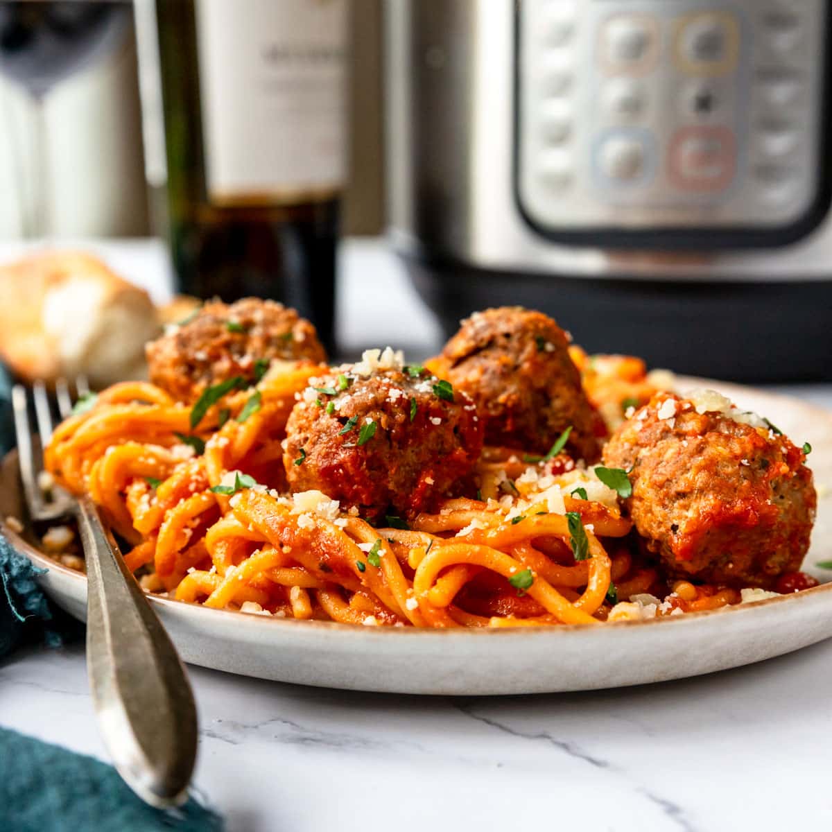 Plate of spaghetti and meatballs that was prepared in the instant pot.