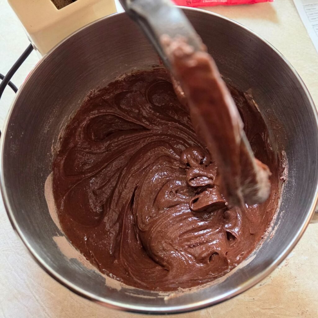 Chocolate batter in a mixing bowl.
