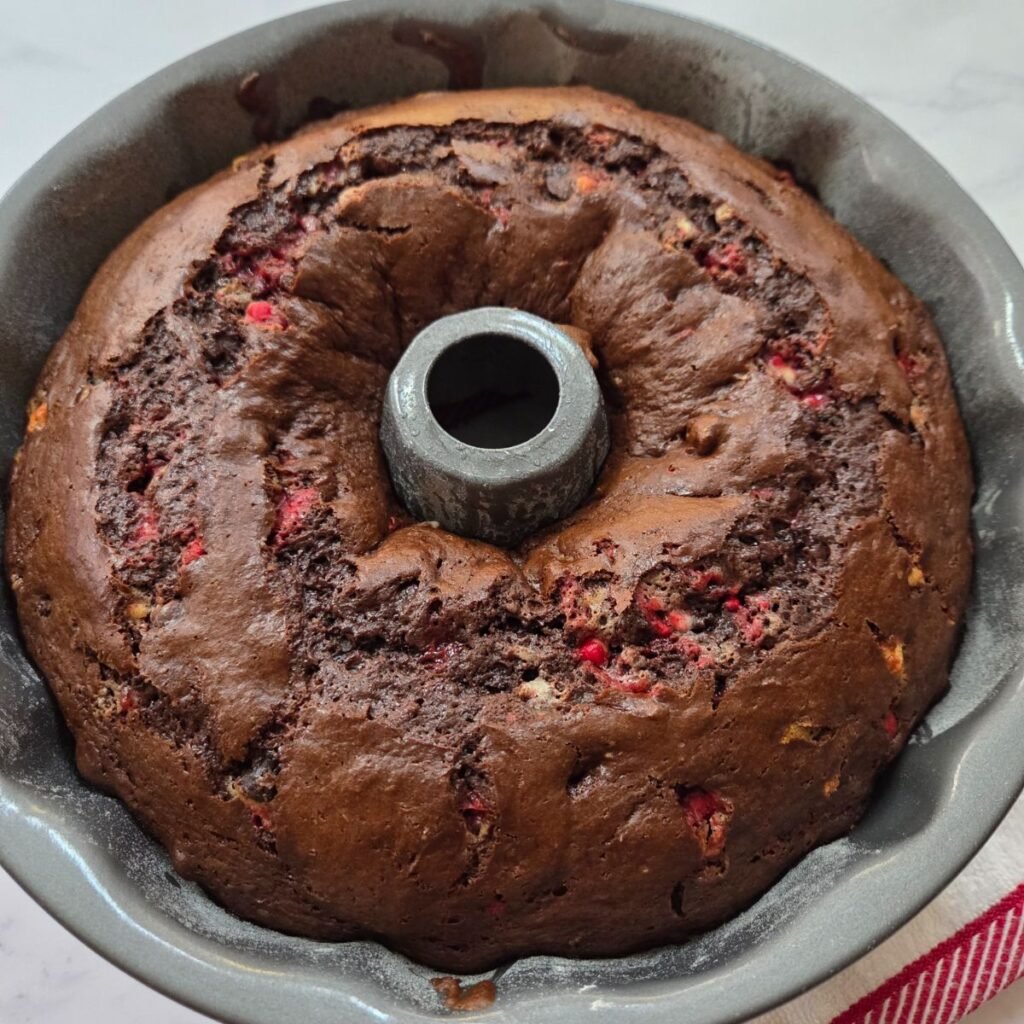 A freshly baked chocolate peppermint bundt cake.