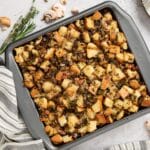Freshly baked mushroom stuffing in a baking pan, ready to serve.