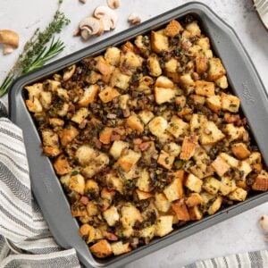 Freshly baked mushroom stuffing in a baking pan, ready to serve.