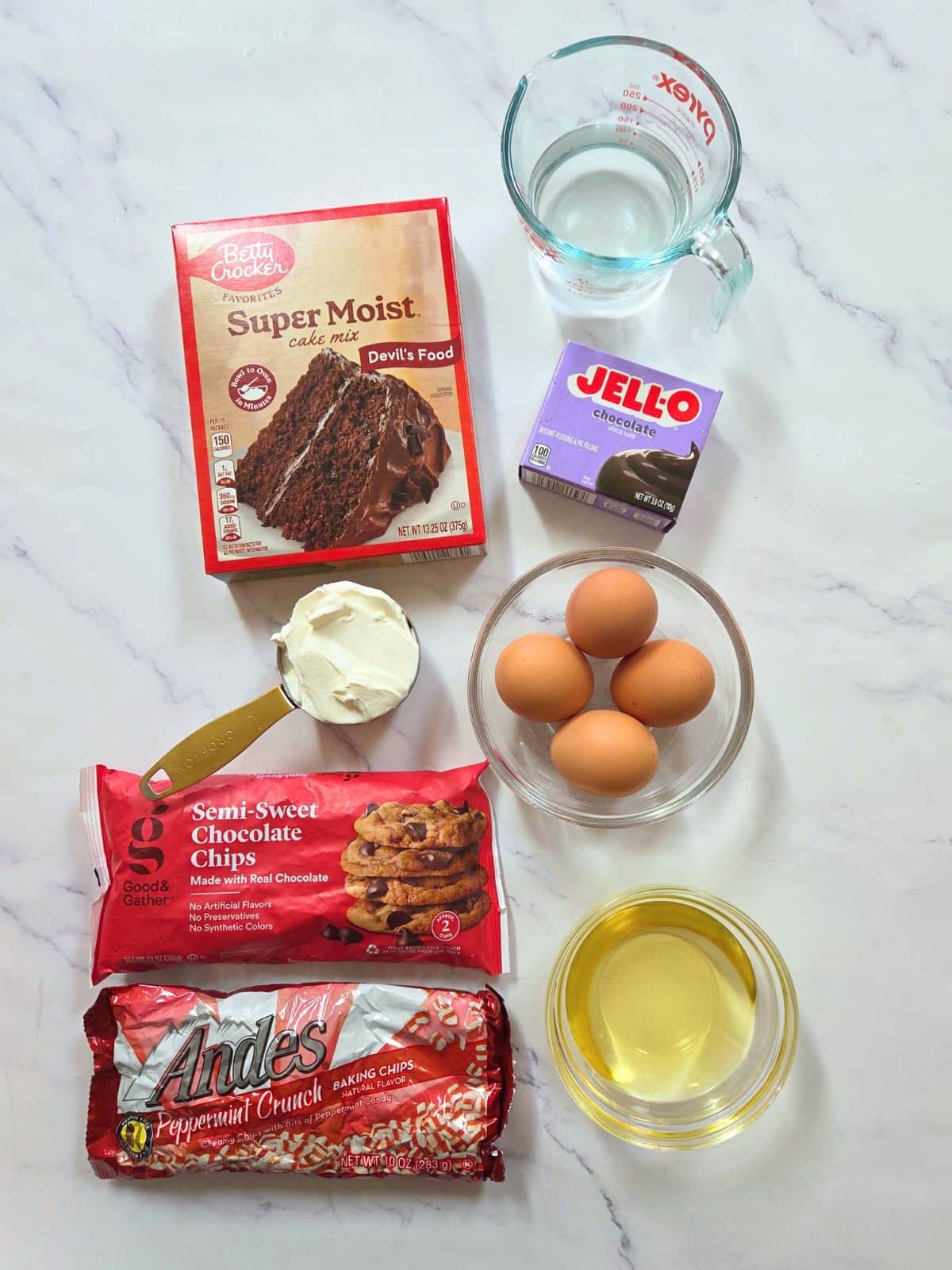 Ingredients shown are used to prepare chocolate peppermint cake.