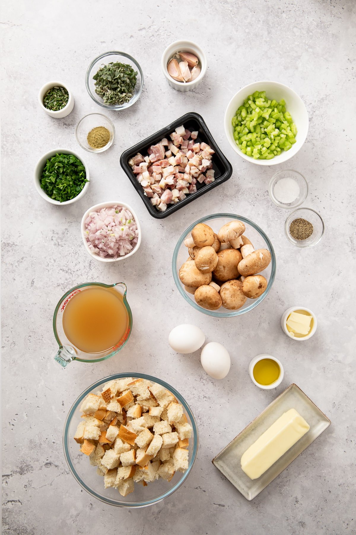 Ingredients laid out and measured for mushroom stuffing.