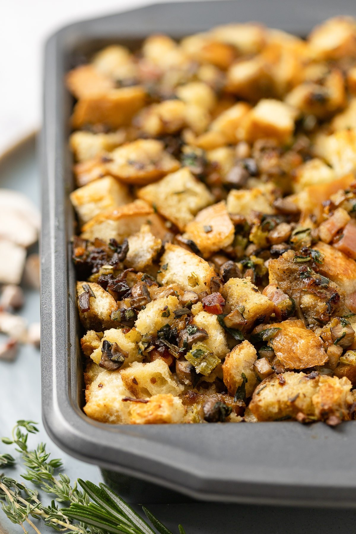 a pan of mushroom stuffing for the Holidays 