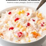 Pinterest image for Classic midwest Ambrosia salad with text overlay.
