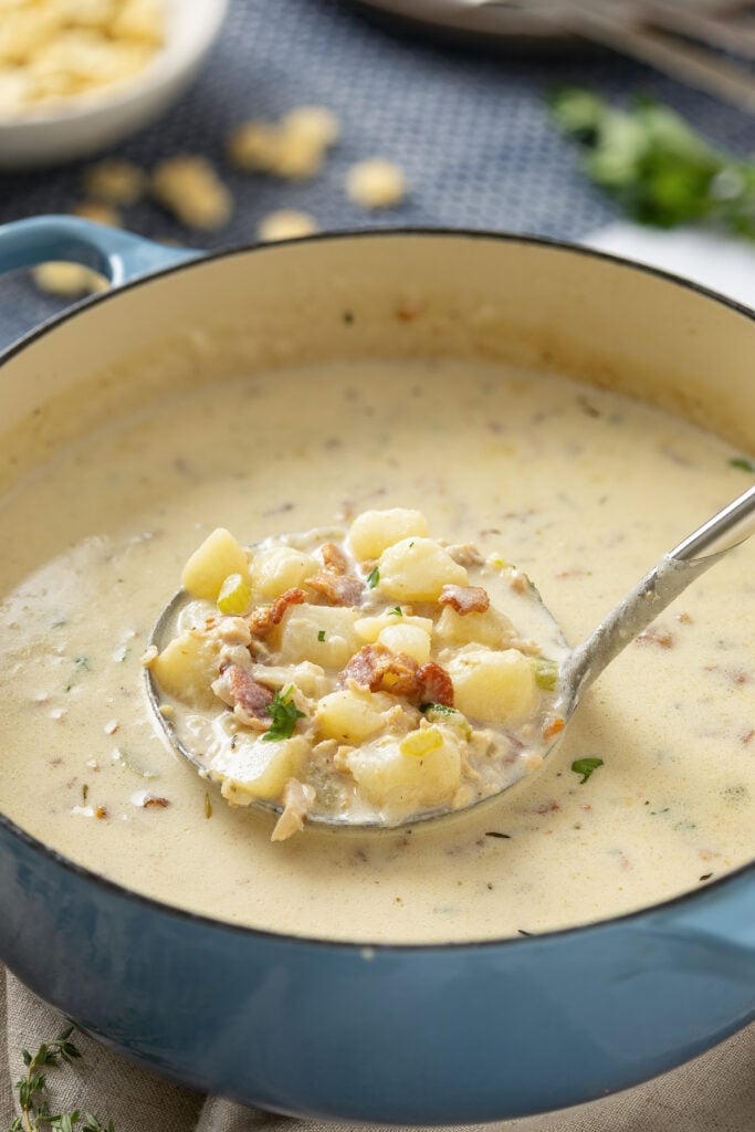 Ladleful of clam chowder soup coming out of the pot.