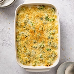 Golden brown broccoli cheese casserole.