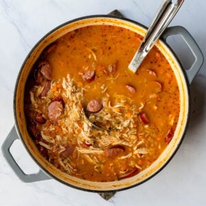 Top view of Chicken gumbo with sausage and rice.