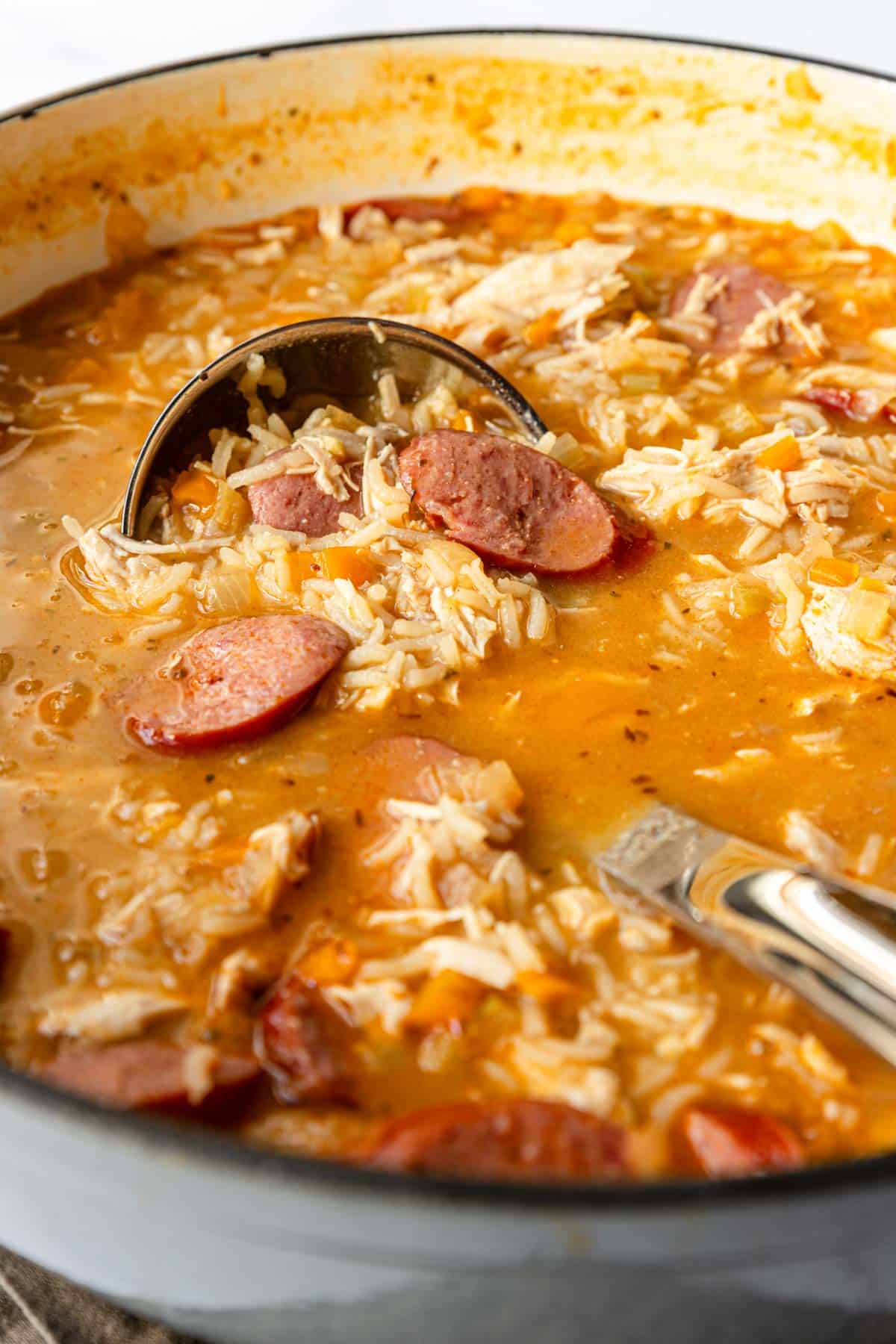 Ladleful of Chicken and Sausage Gumbo.