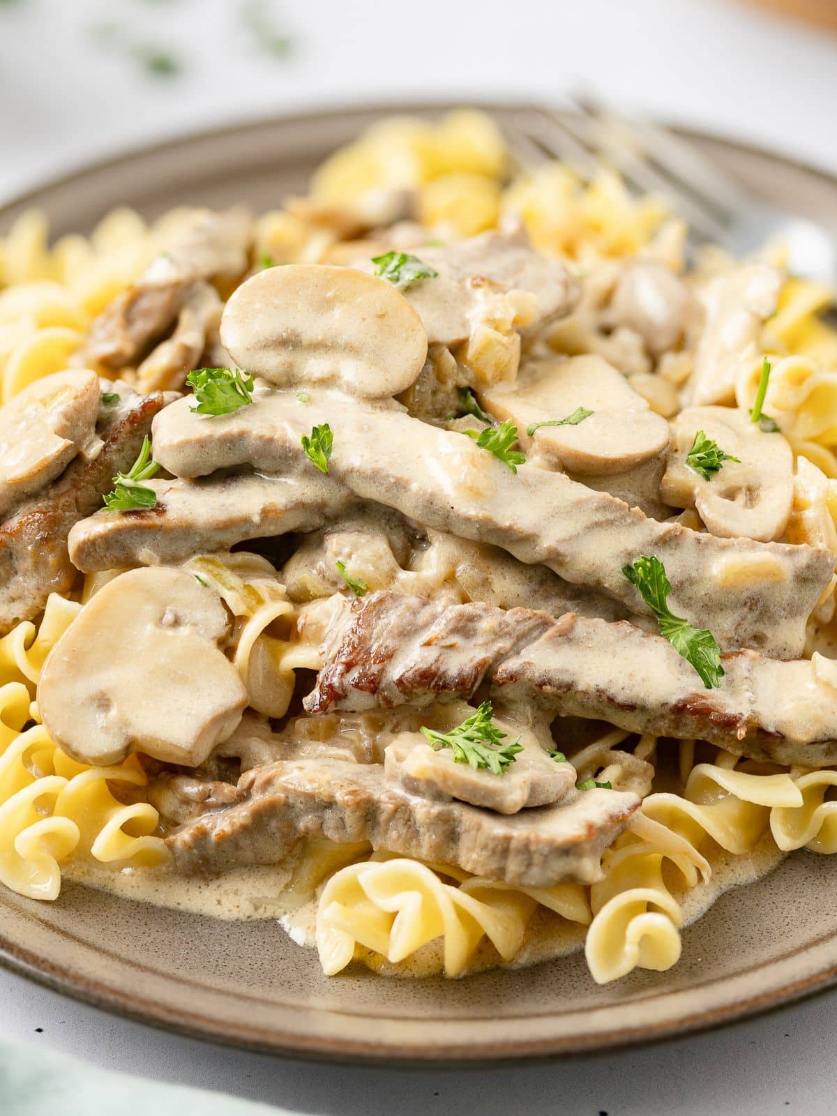 beef stroganoff over noodles on a plate 