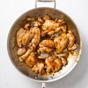 Teriyaki chicken in a skillet ready to serve.