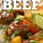 Pinterest image for sweet and sour beef with text overlay