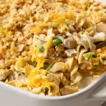Tuna Noodle Casserole in a white dish being spooned out of the baking pan