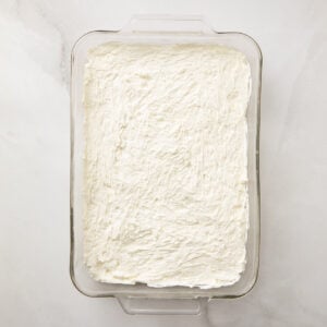 Cream cheese mixture covering the top of a preztzel crust.